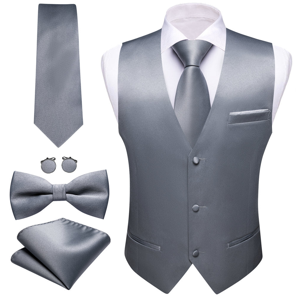 Barry Wang 5pcs Mens Waistcoat Set Grey Solid Vest Necktie Bowtie Set