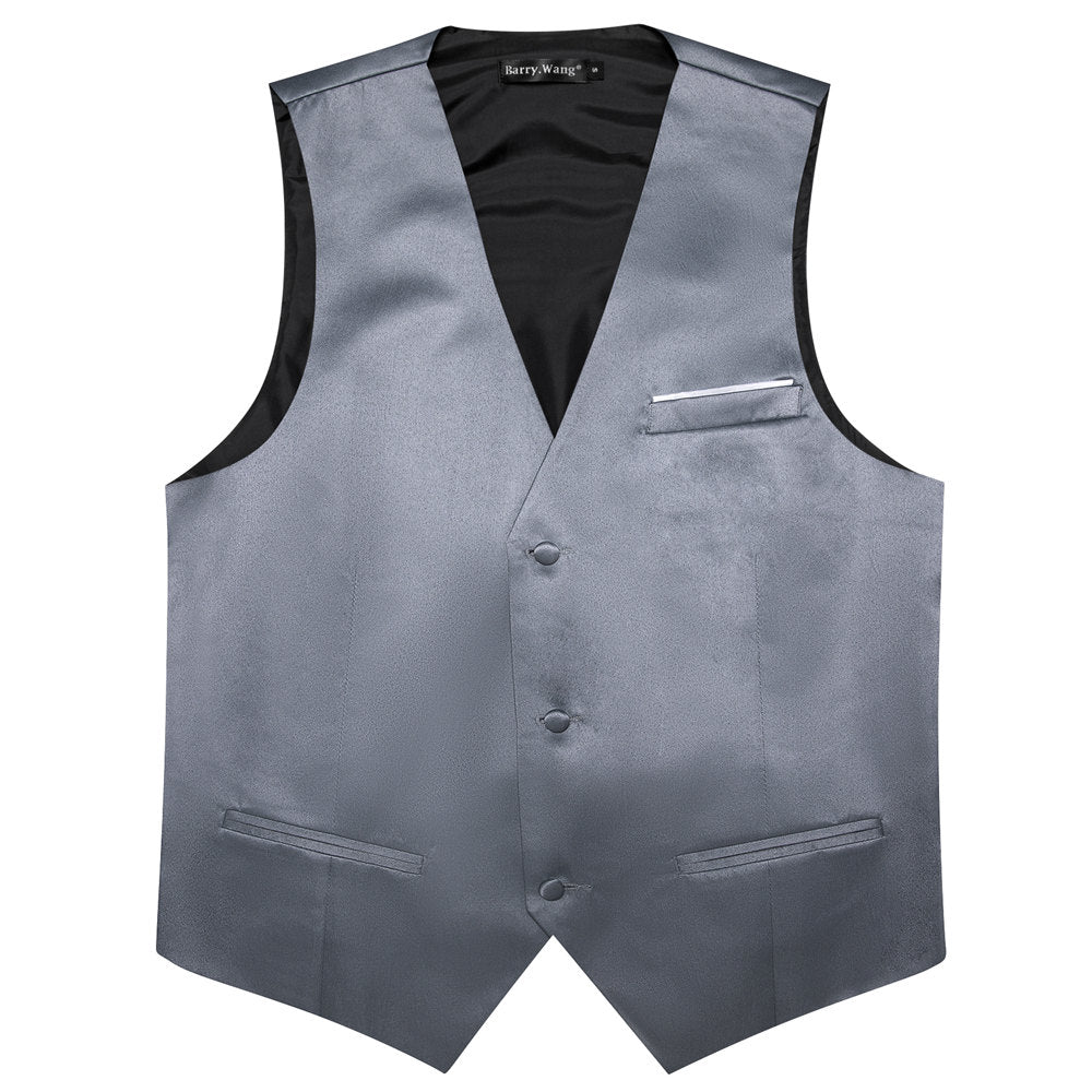 Barry Wang 5pcs Mens Waistcoat Set Grey Solid Vest Necktie Bowtie Set