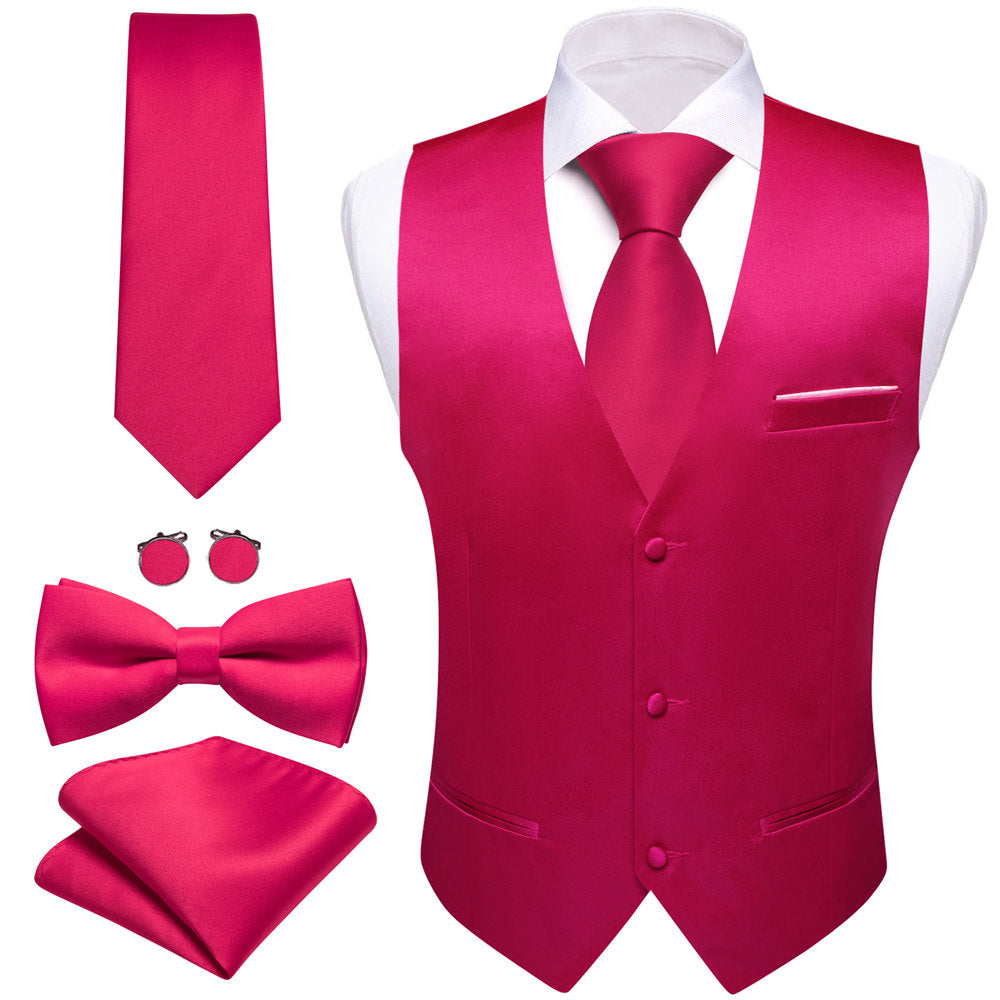 Barry Wang 5pcs Mens Waistcoat Set Ruby Solid Vest Necktie Bowtie Set