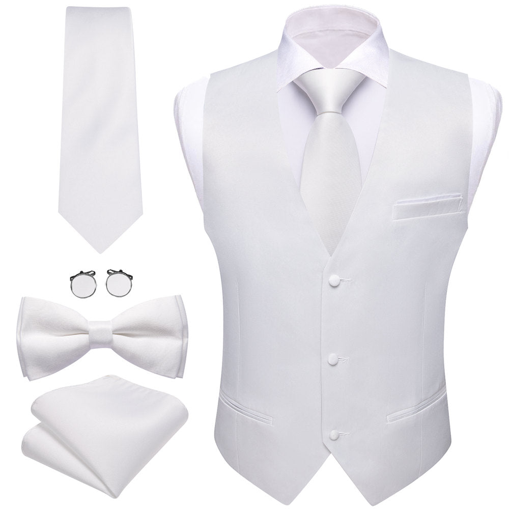 Barry Wang 5pcs Mens Waistcoat Set Platinum White Solid Vest Tie Set