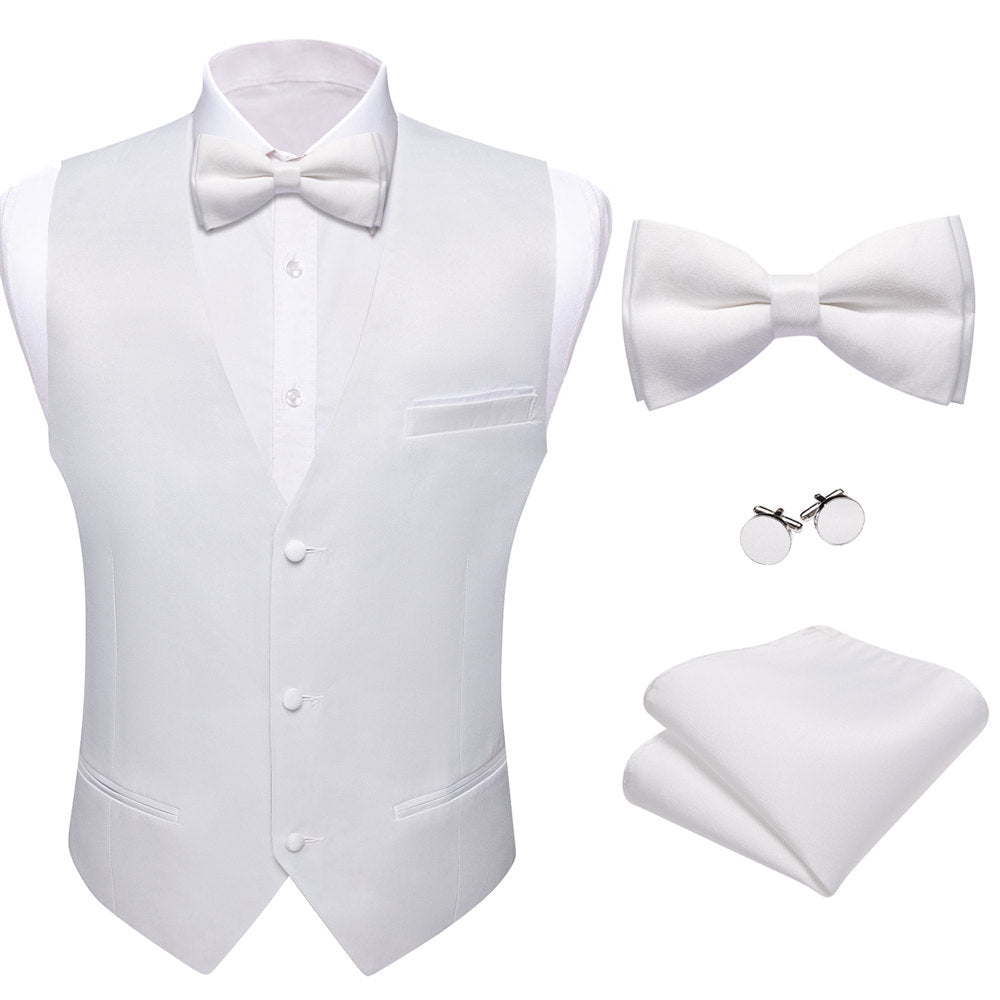 Barry Wang White Solid Wedding Vest V-Neck Silk Suit Waistcoat Set