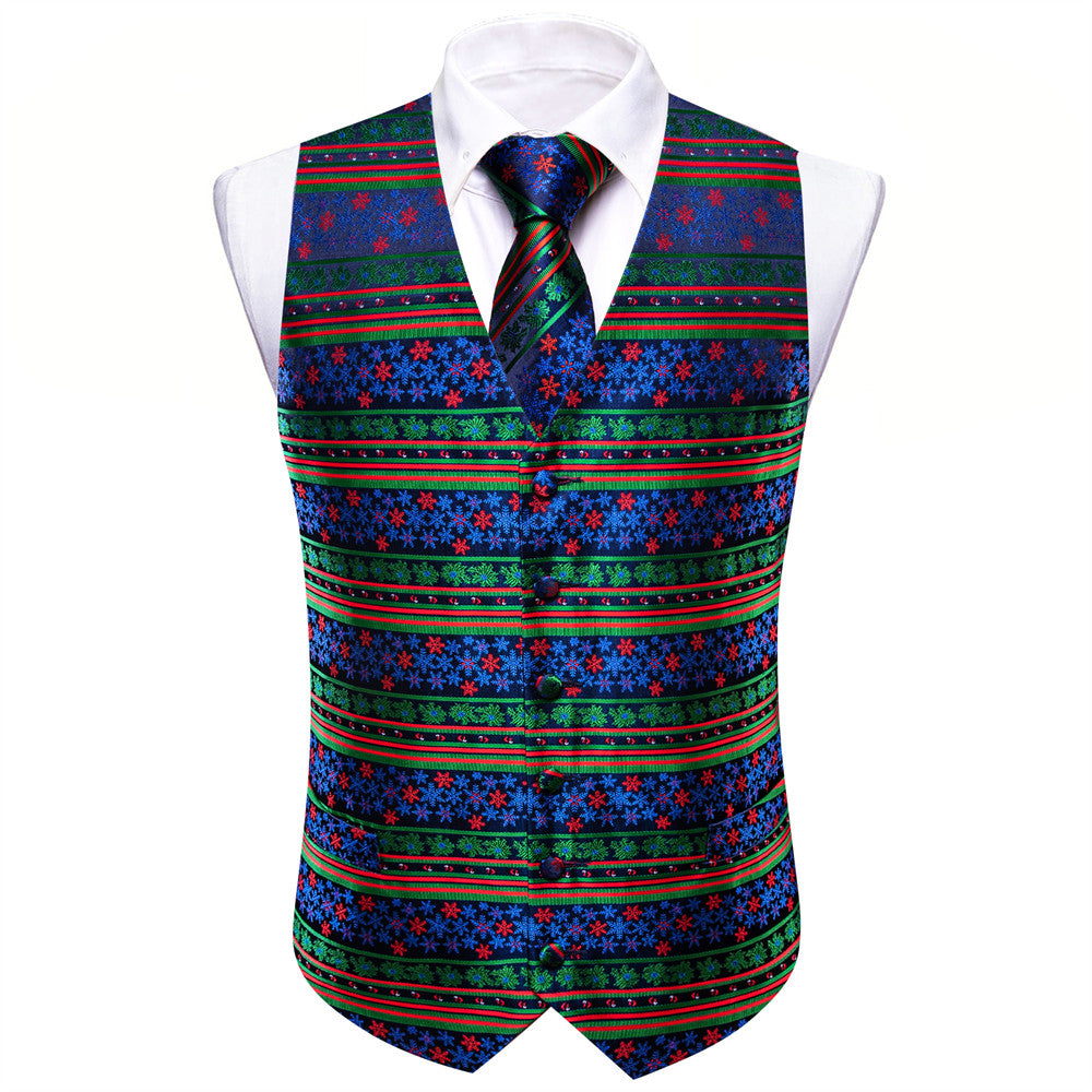 Barry.wang Waistcoat Dark Blue Green Red Striped Christmas Silk Vest Tie Set