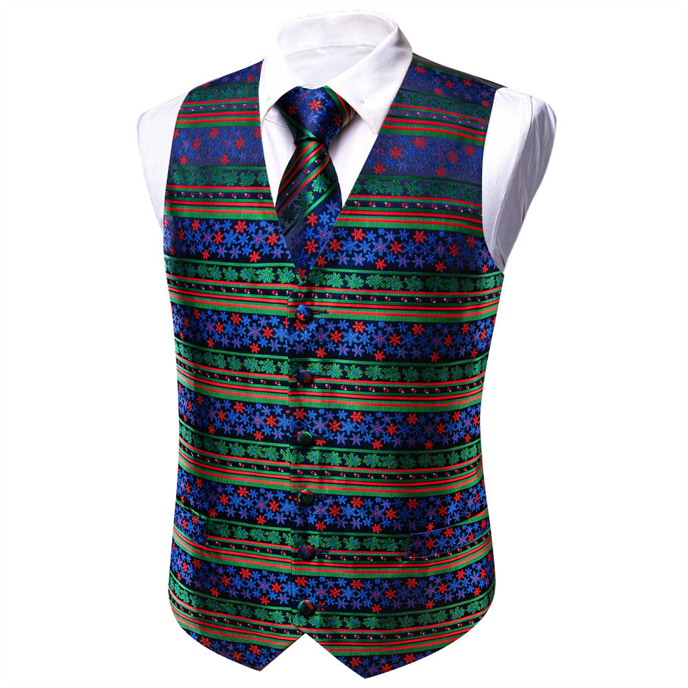 Barry.wang Waistcoat Dark Blue Green Red Striped Christmas Silk Vest Tie Set