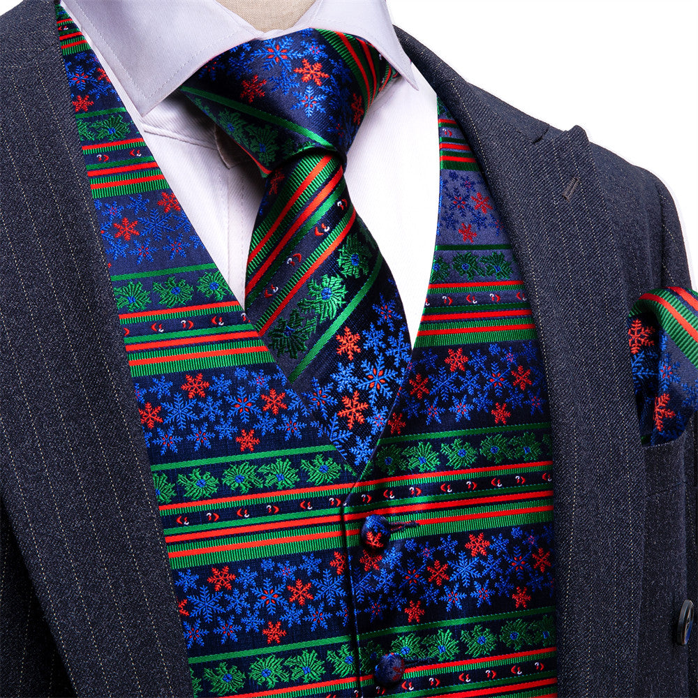 Barry.wang Waistcoat Dark Blue Green Red Striped Christmas Silk Vest Tie Set