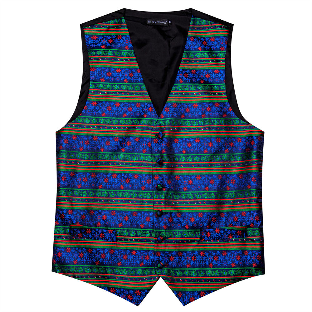 Barry.wang Waistcoat Dark Blue Green Red Striped Christmas Silk Vest Tie Set