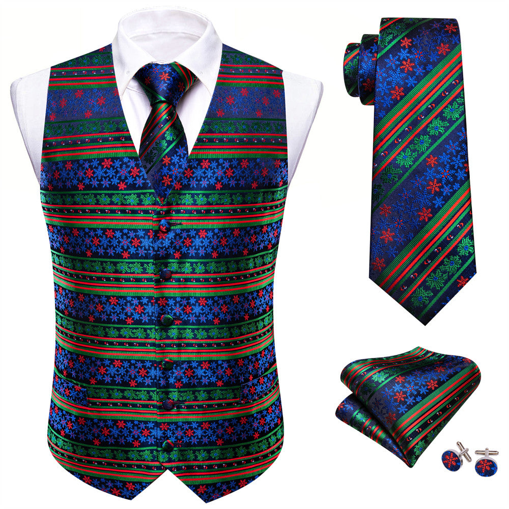 Barry.wang Waistcoat Dark Blue Green Red Striped Christmas Silk Vest Tie Set