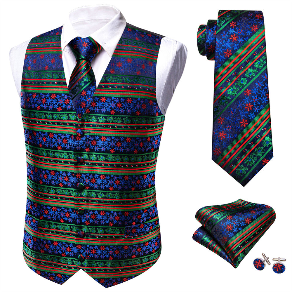 Barry.wang Waistcoat Dark Blue Green Red Striped Christmas Silk Vest Tie Set