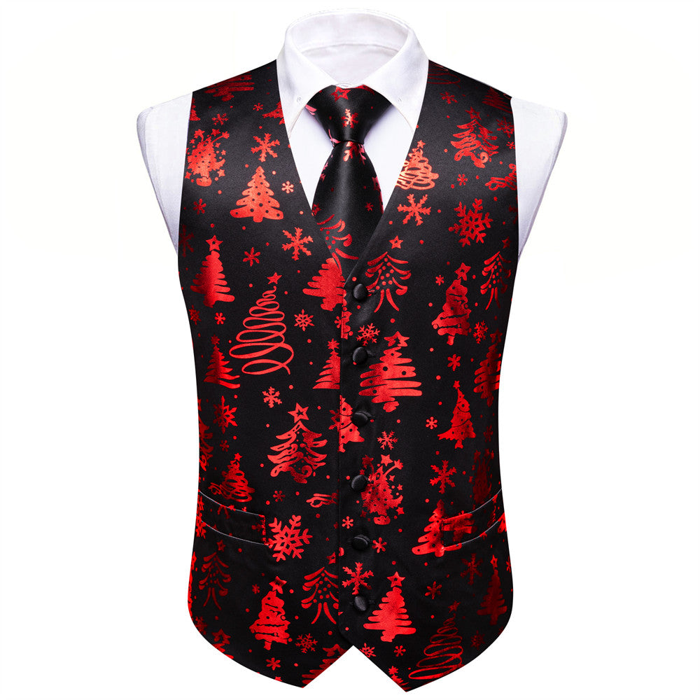 Barry.wang Black Red Tree Snow Christmas Silk Vest Necktie Set