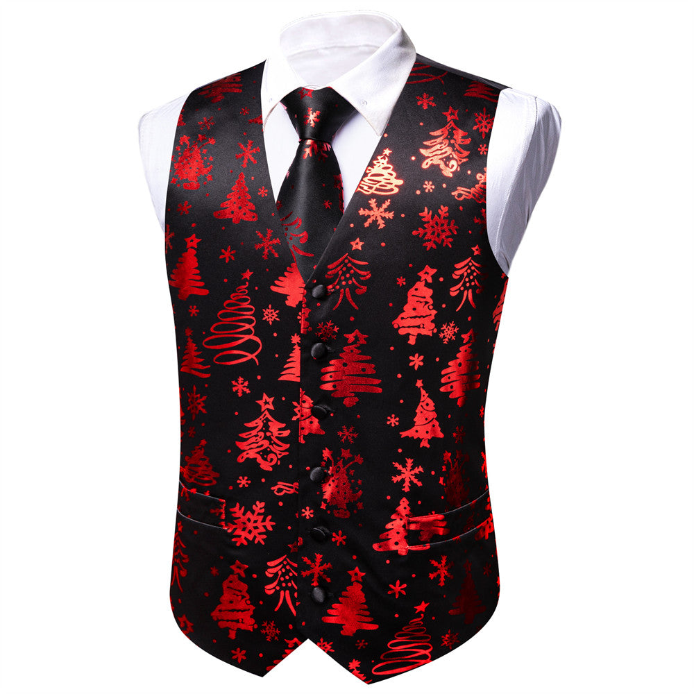 Barry.wang Black Red Tree Snow Christmas Silk Vest Necktie Set