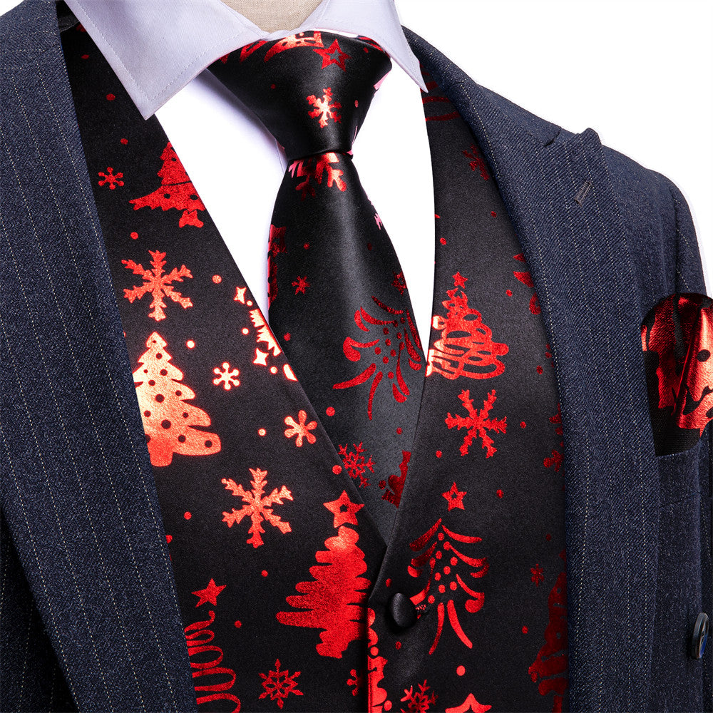 Barry.wang Black Red Tree Snow Christmas Silk Vest Necktie Set