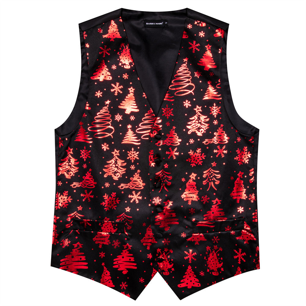 Barry.wang Black Red Tree Snow Christmas Silk Vest Necktie Set