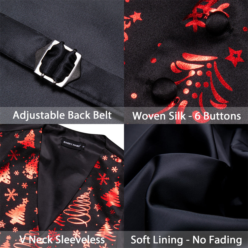 Barry.wang Black Red Tree Snow Christmas Silk Vest Necktie Set