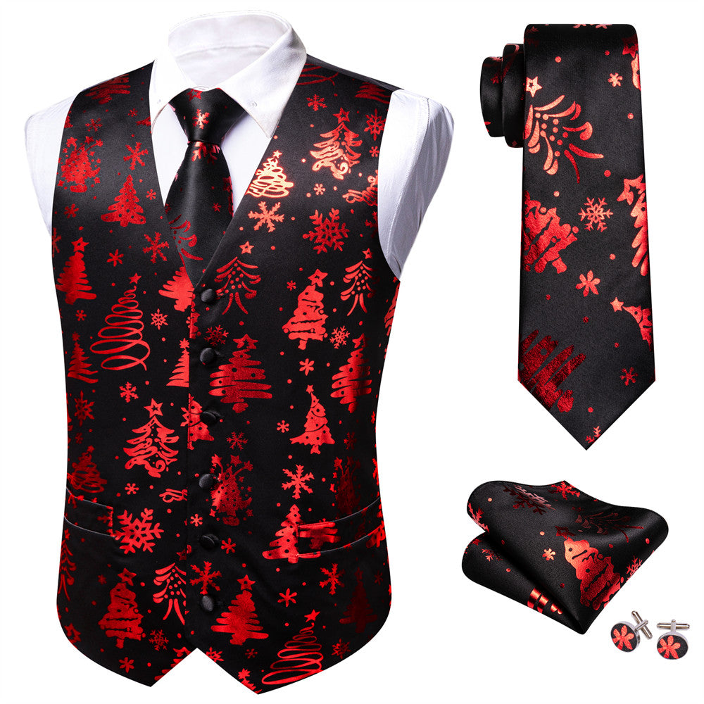 Barry.wang Black Red Tree Snow Christmas Silk Vest Necktie Set