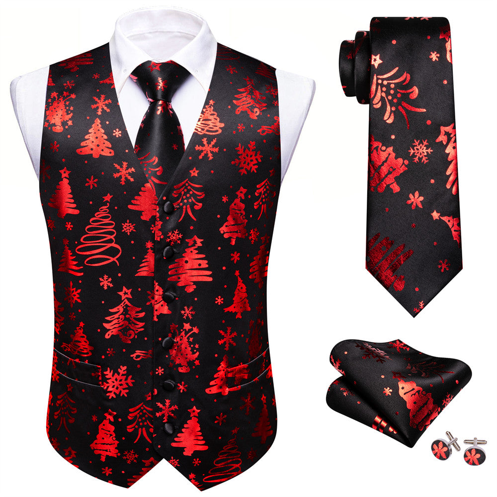 Barry.wang Black Red Tree Snow Christmas Silk Vest Necktie Set