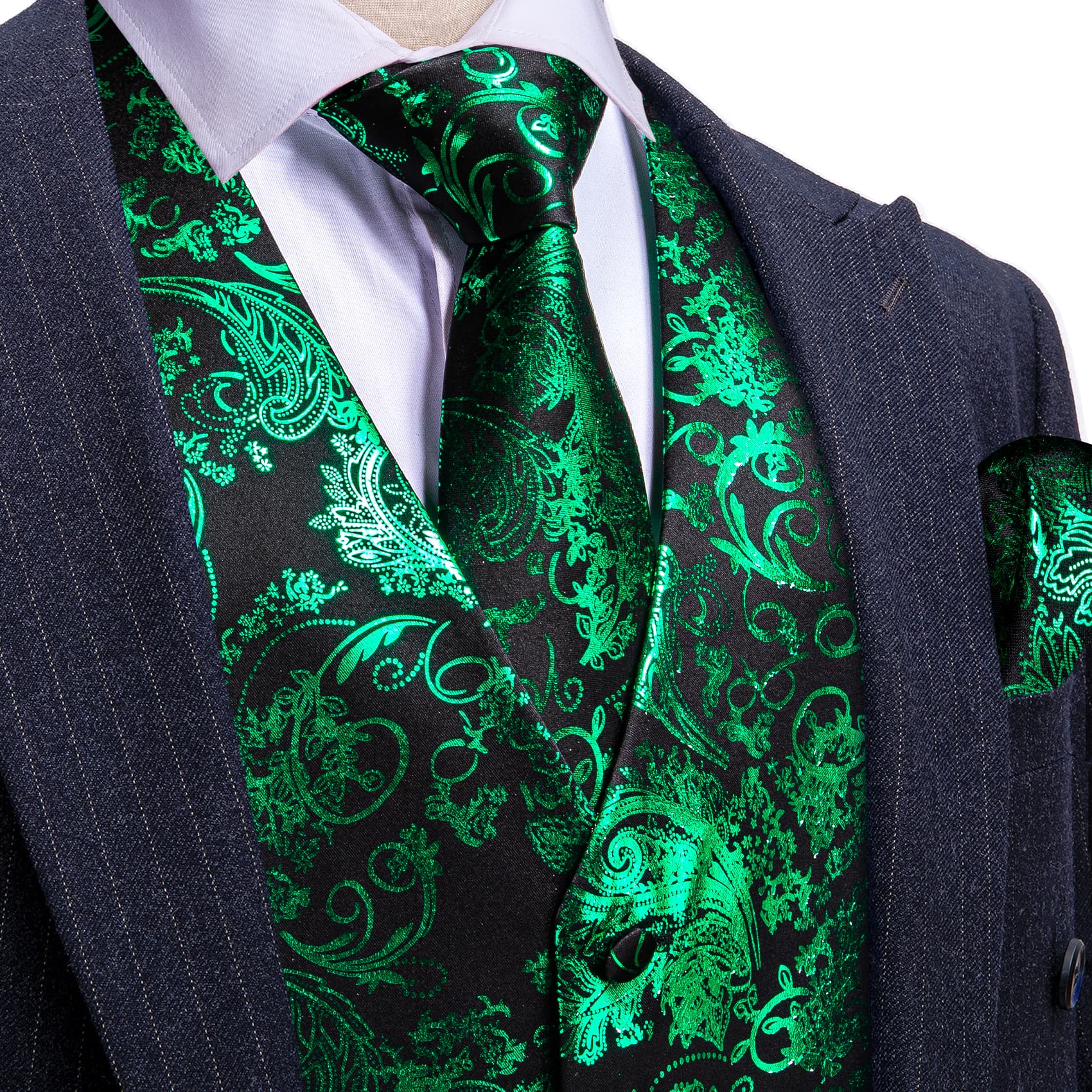 Hot Stamping Green Waistcoat Mens V-Neck Black Vest Tie Set