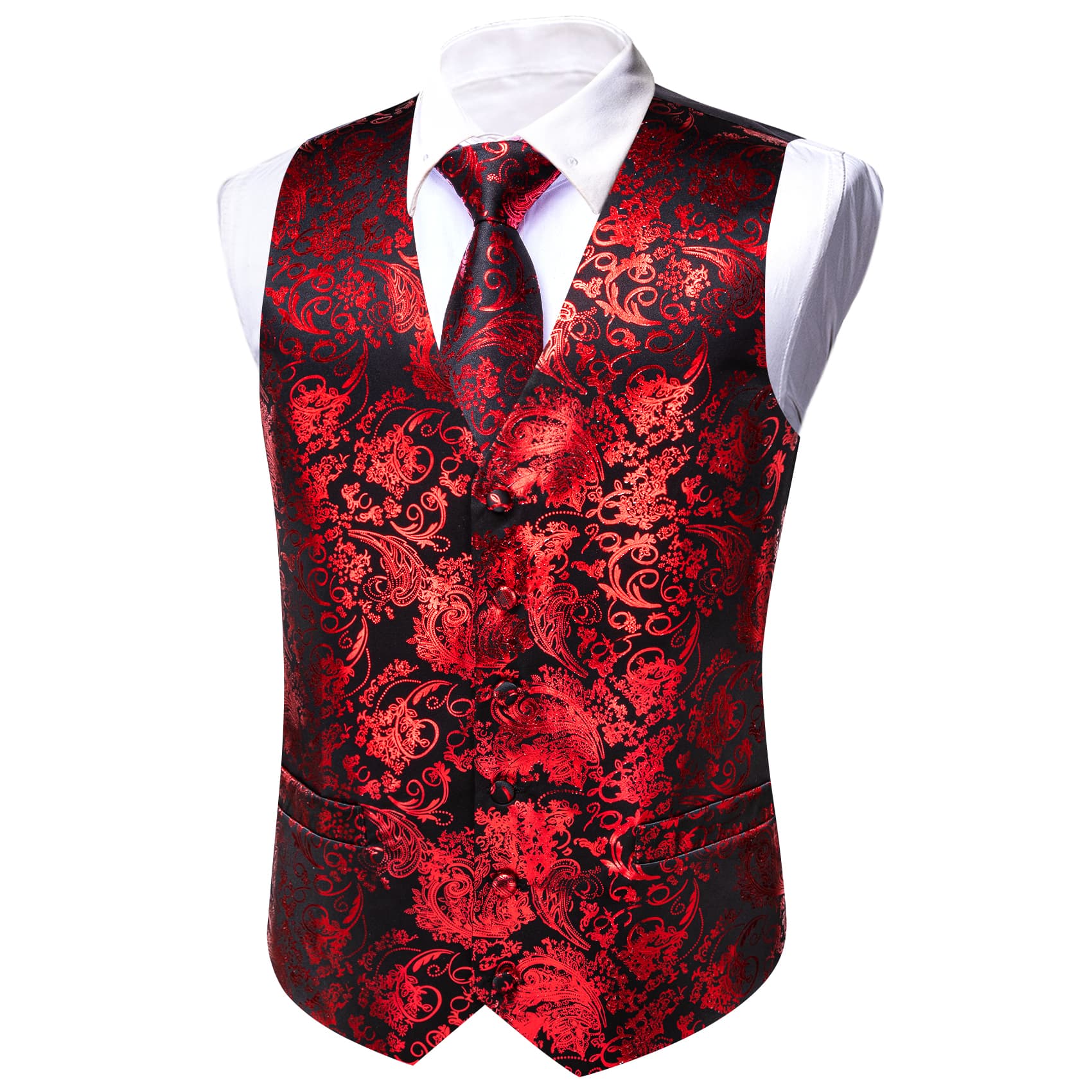 Hot Stamping Red Waistcoat Men's V-Neck Black Vest Tie Set