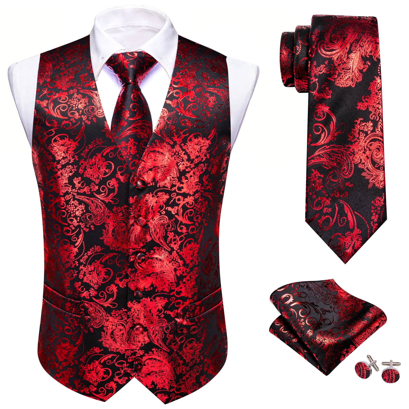 Hot Stamping Red Waistcoat Men's V-Neck Black Vest Tie Set