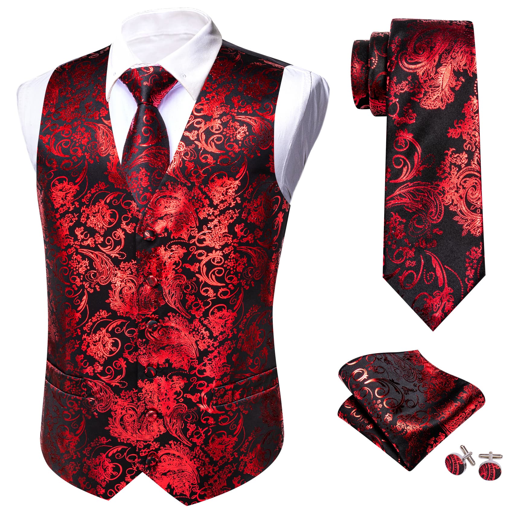 Hot Stamping Red Waistcoat Men's V-Neck Black Vest Tie Set