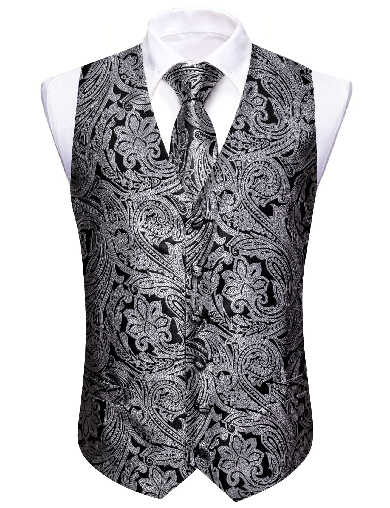 Barry Wang Silver Grey Wedding Vest V-Neck Mens Silk Suit Waistcoat