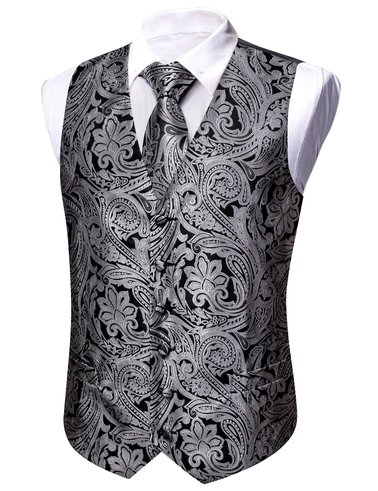 Barry Wang Silver Grey Wedding Vest V-Neck Mens Silk Suit Waistcoat