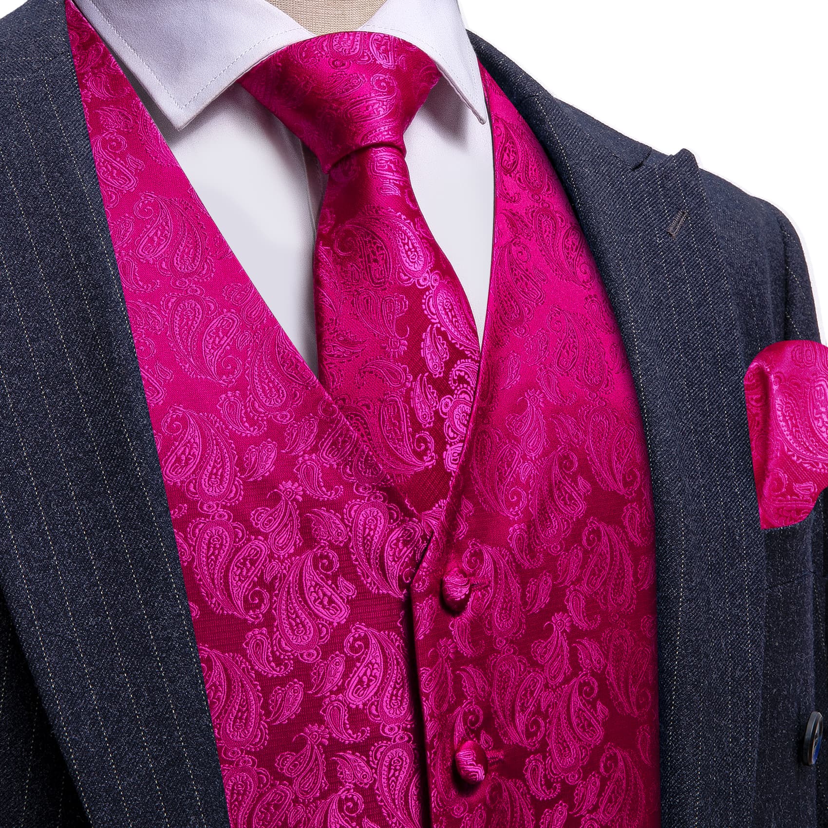 Barry Wang Hot Pink Paisley Wedding Vest V-Neck Silk Suit Waistcoat