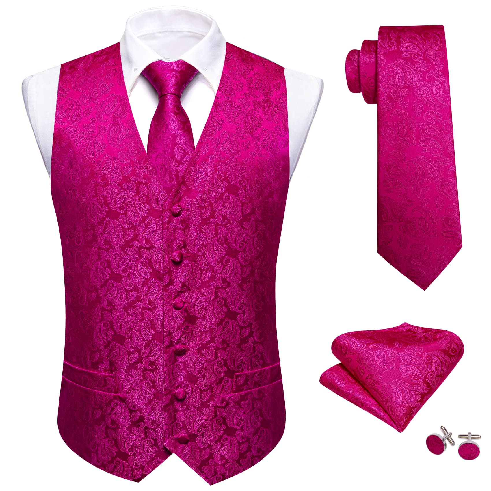 Barry Wang Hot Pink Paisley Wedding Vest V-Neck Silk Suit Waistcoat