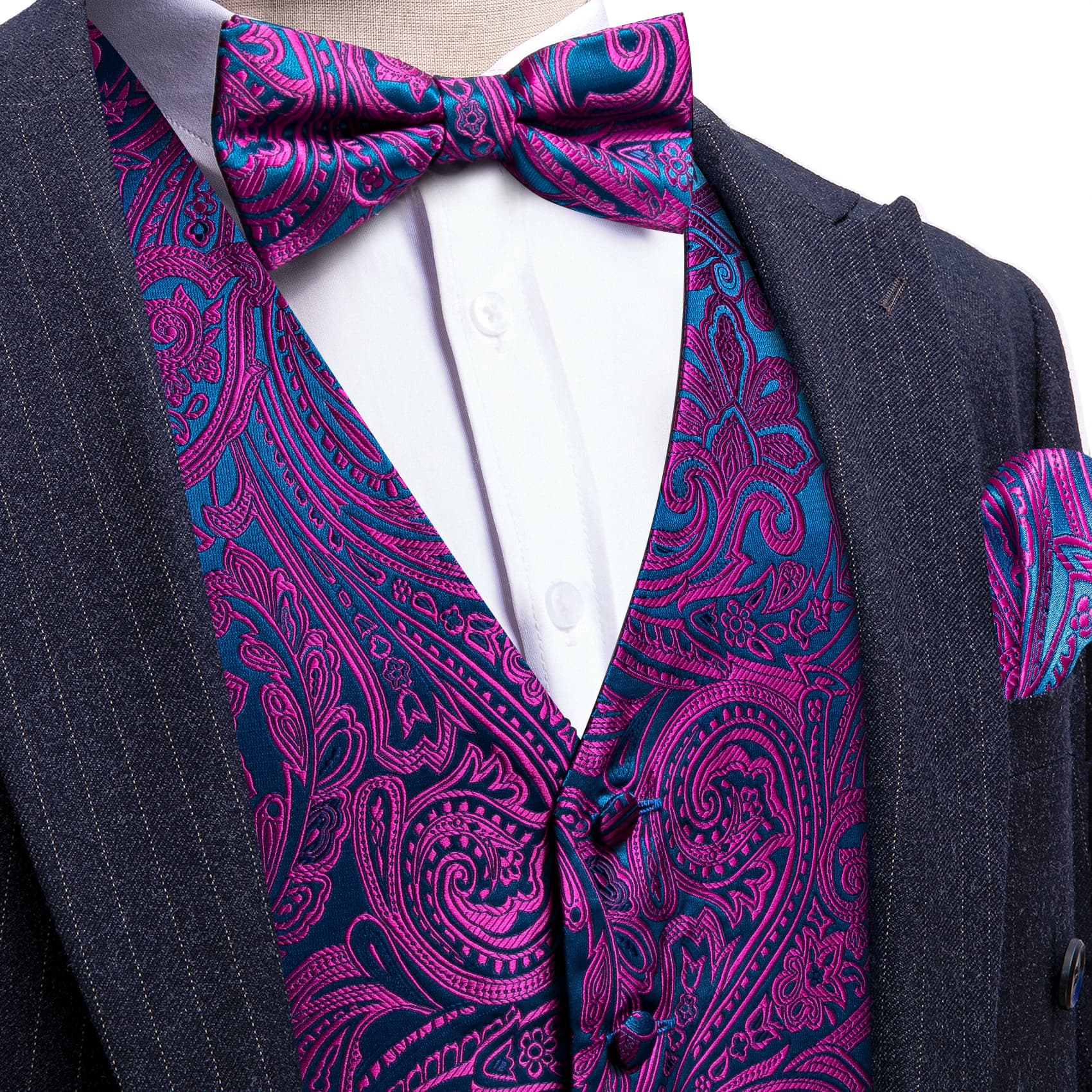 Barry Wang Blue Purple Paisley Wedding Vest V-Neck Silk Suit Waistcoat