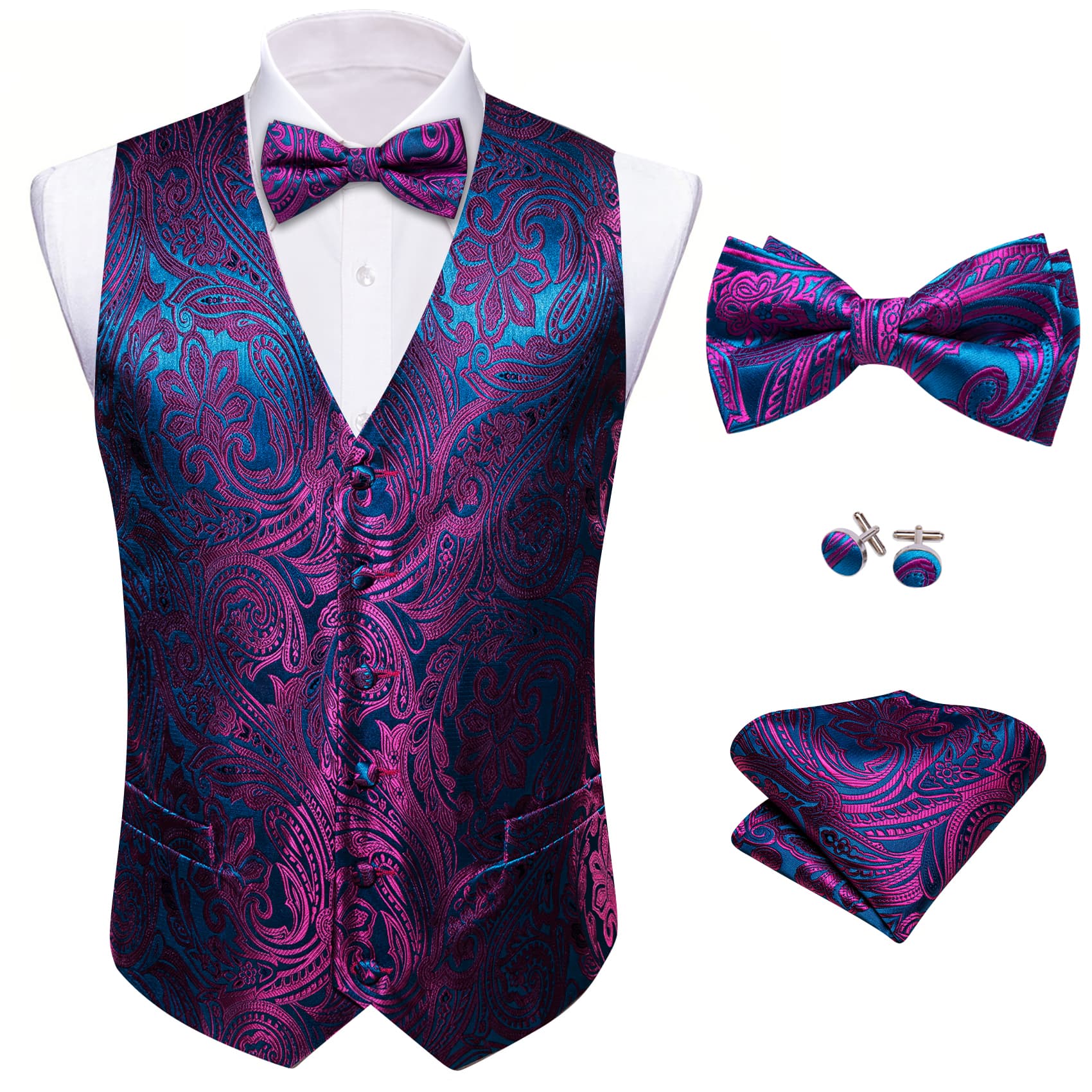 Barry Wang Blue Purple Paisley Wedding Vest V-Neck Silk Suit Waistcoat