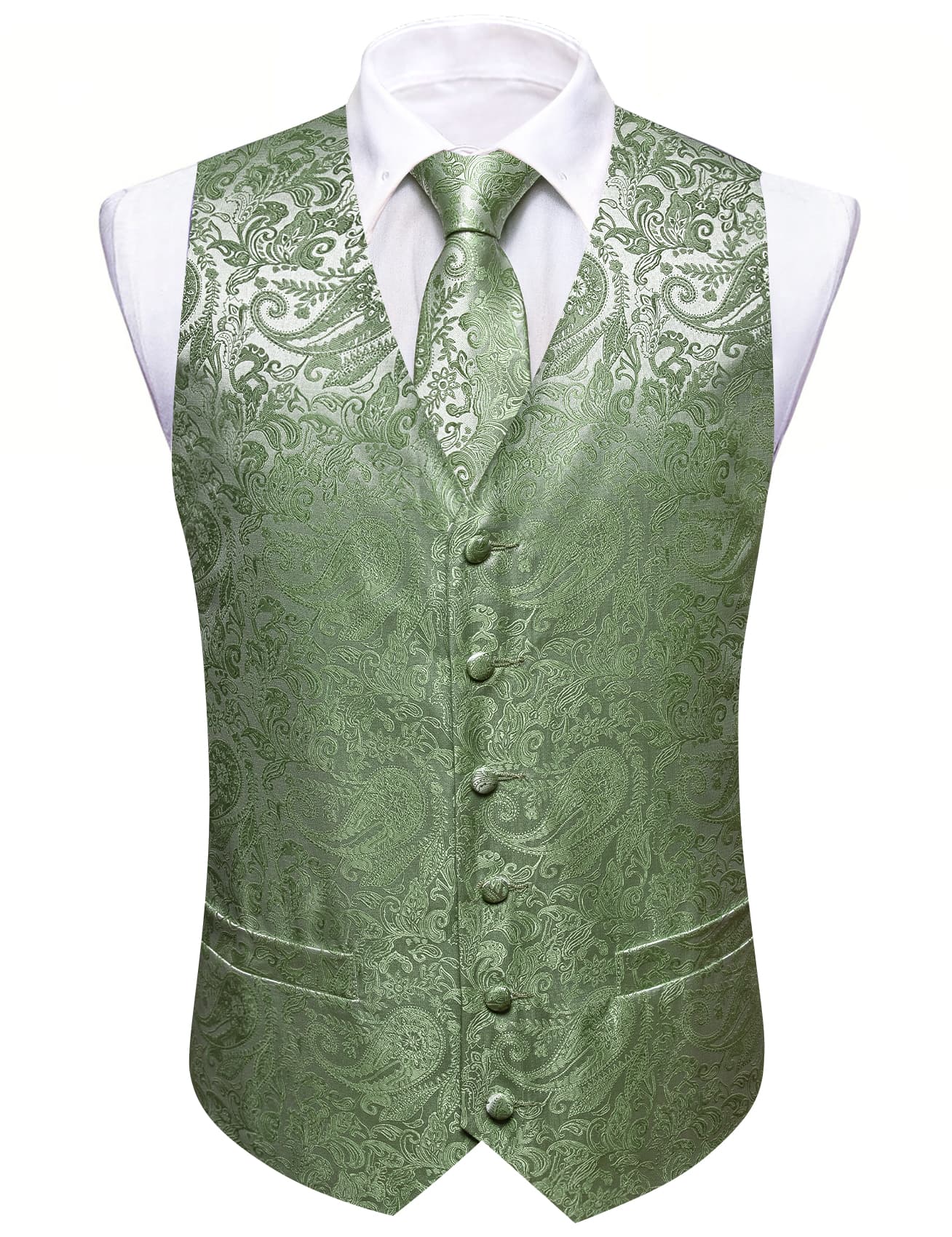 Barry Wang Light Green Paisley Wedding Vest V-Neck Silk Suit Waistcoat