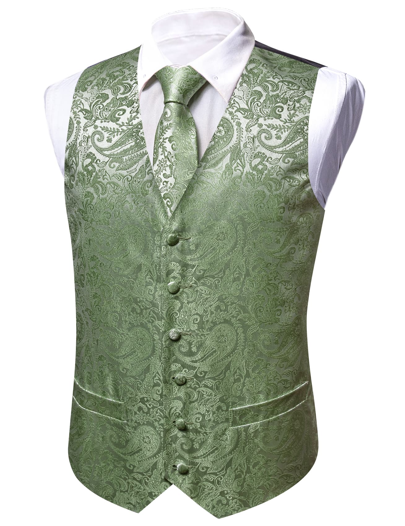 Barry Wang Light Green Paisley Wedding Vest V-Neck Silk Suit Waistcoat