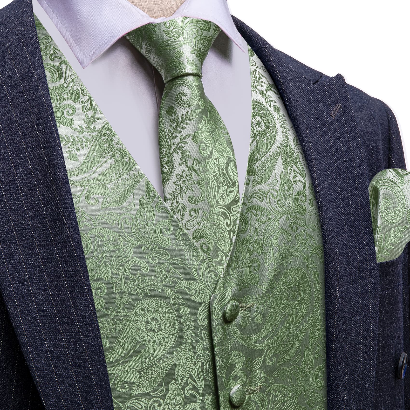 Barry Wang Light Green Paisley Wedding Vest V-Neck Silk Suit Waistcoat