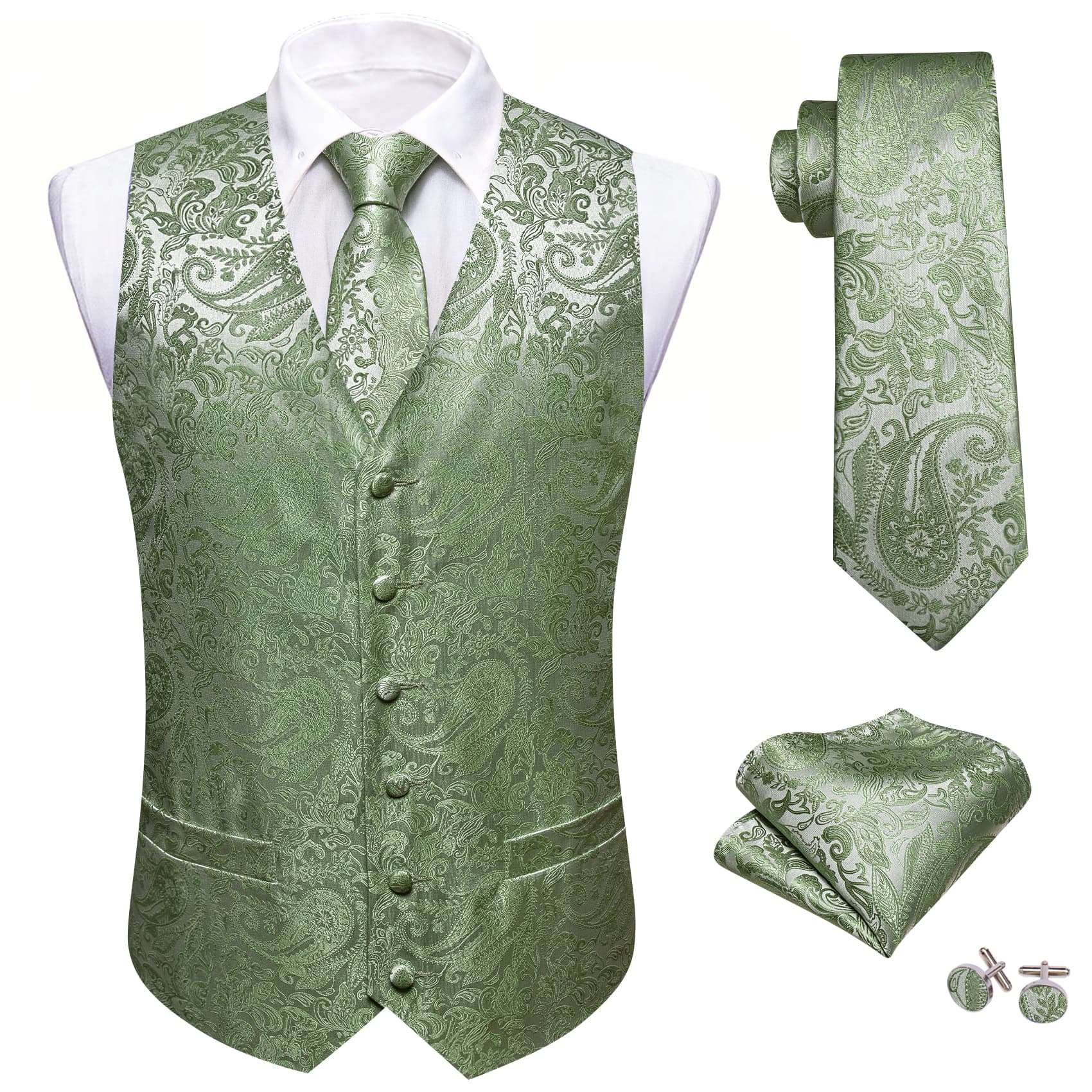 Barry Wang Light Green Paisley Wedding Vest V-Neck Silk Suit Waistcoat