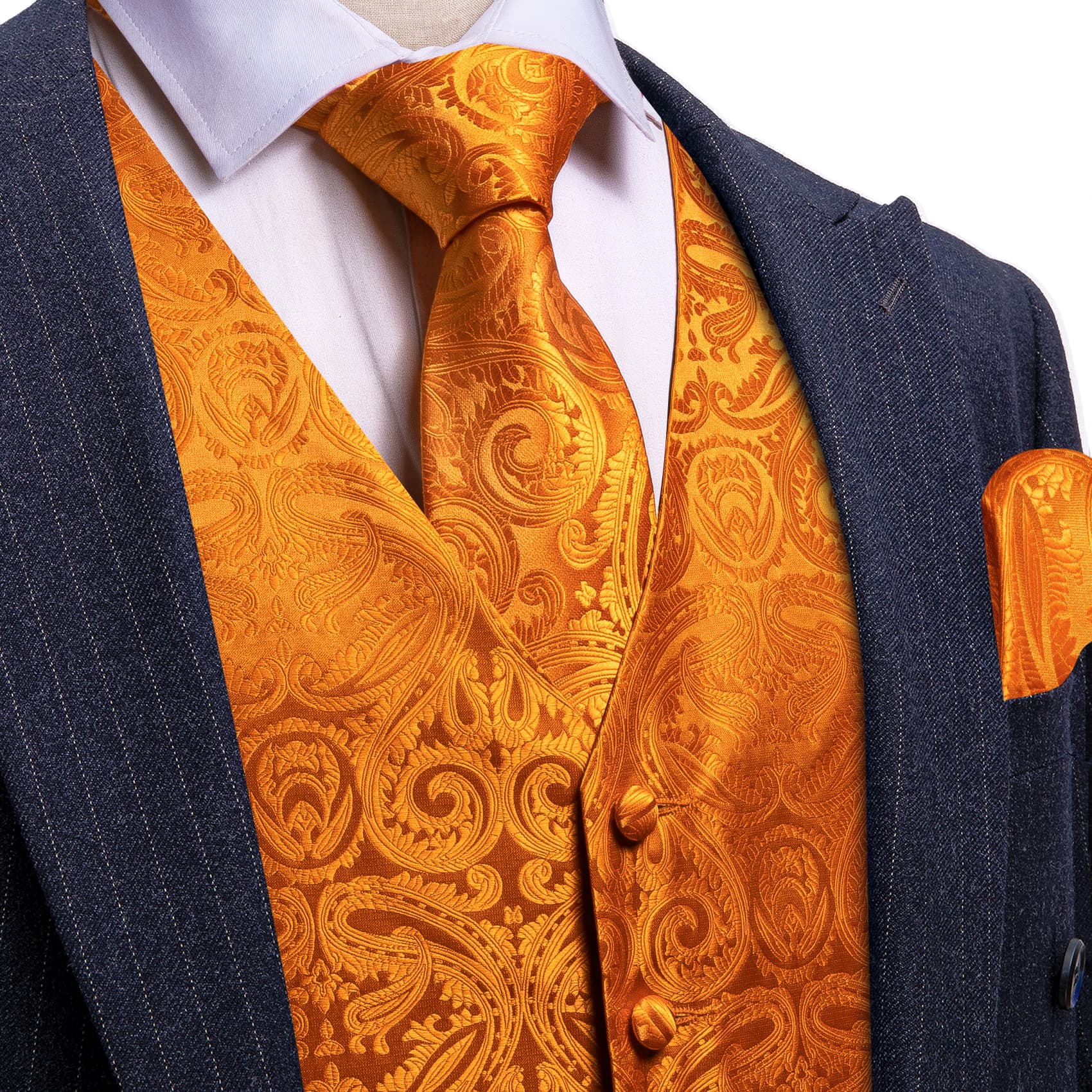 Barry Wang Orange Paisley Wedding Vest V-Neck Mens Silk Suit Waistcoat