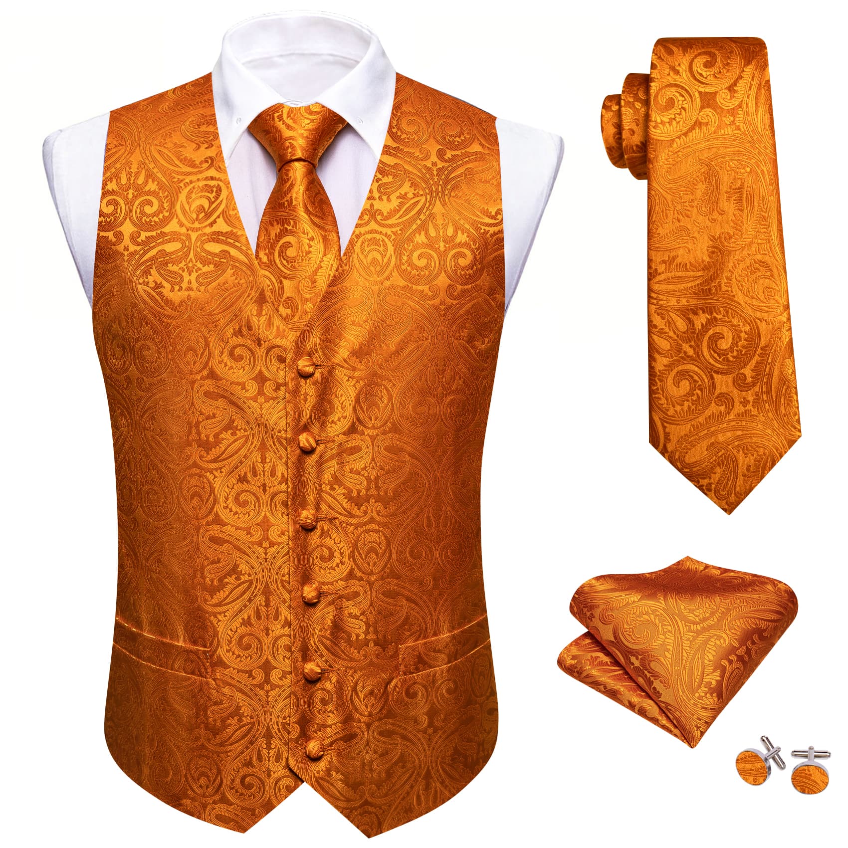 Barry Wang Orange Paisley Wedding Vest V-Neck Mens Silk Suit Waistcoat