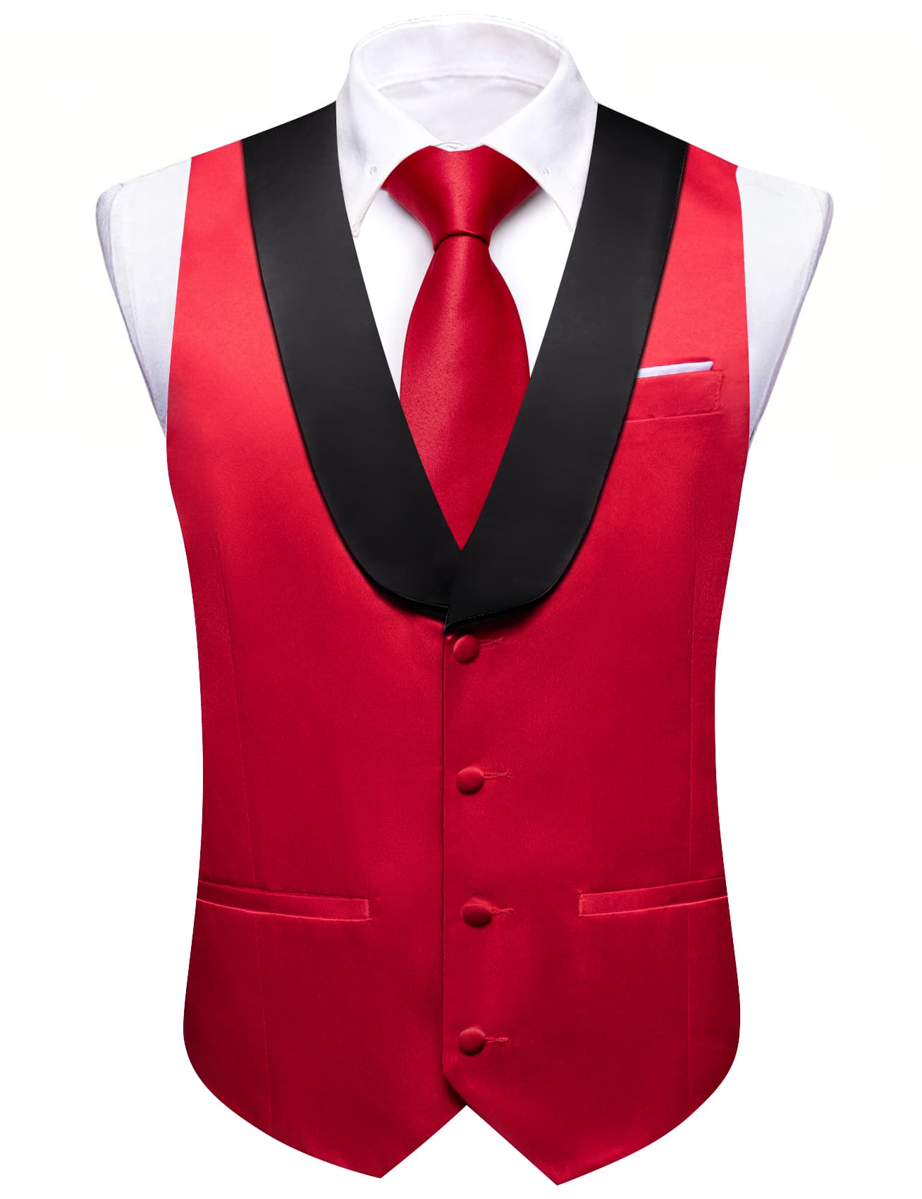 Barry Wang Crimson Red Black Shawl Lapel Waistcoat Mens Vest Tie Set