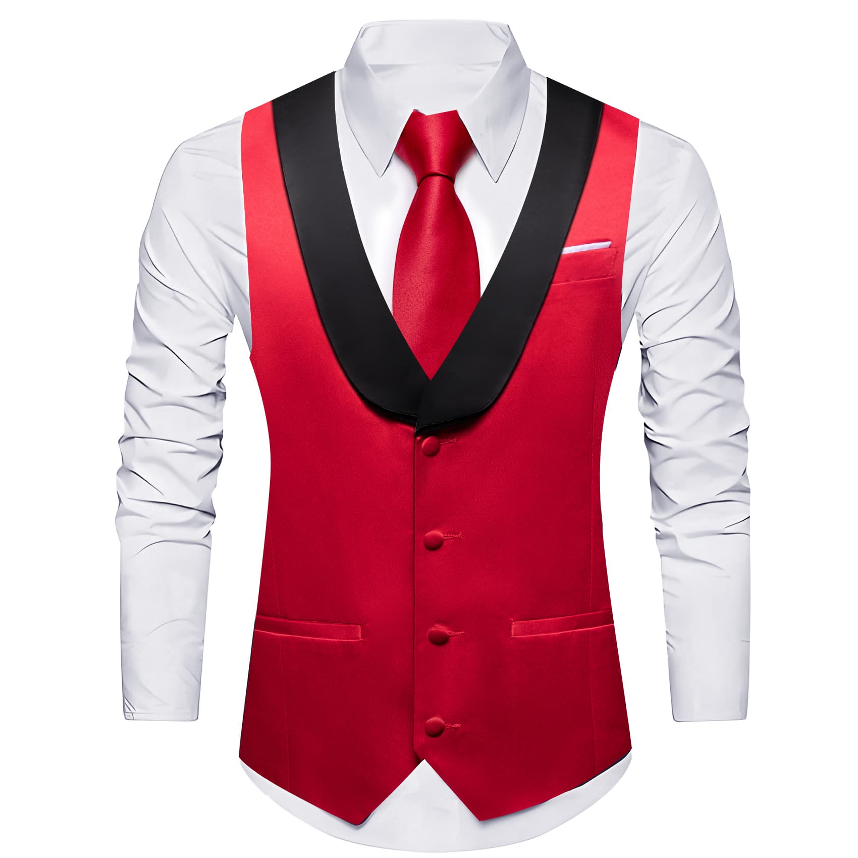 Barry Wang Crimson Red Black Shawl Lapel Waistcoat Mens Vest Tie Set