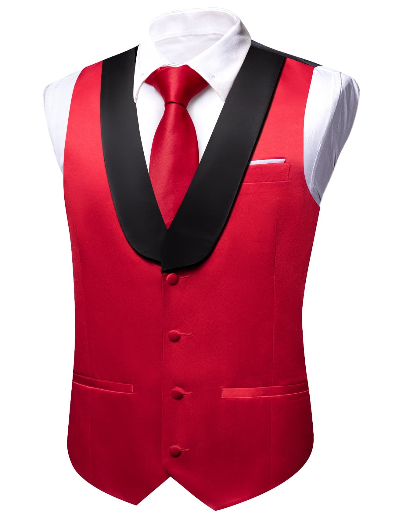 Barry Wang Crimson Red Black Shawl Lapel Waistcoat Mens Vest Tie Set