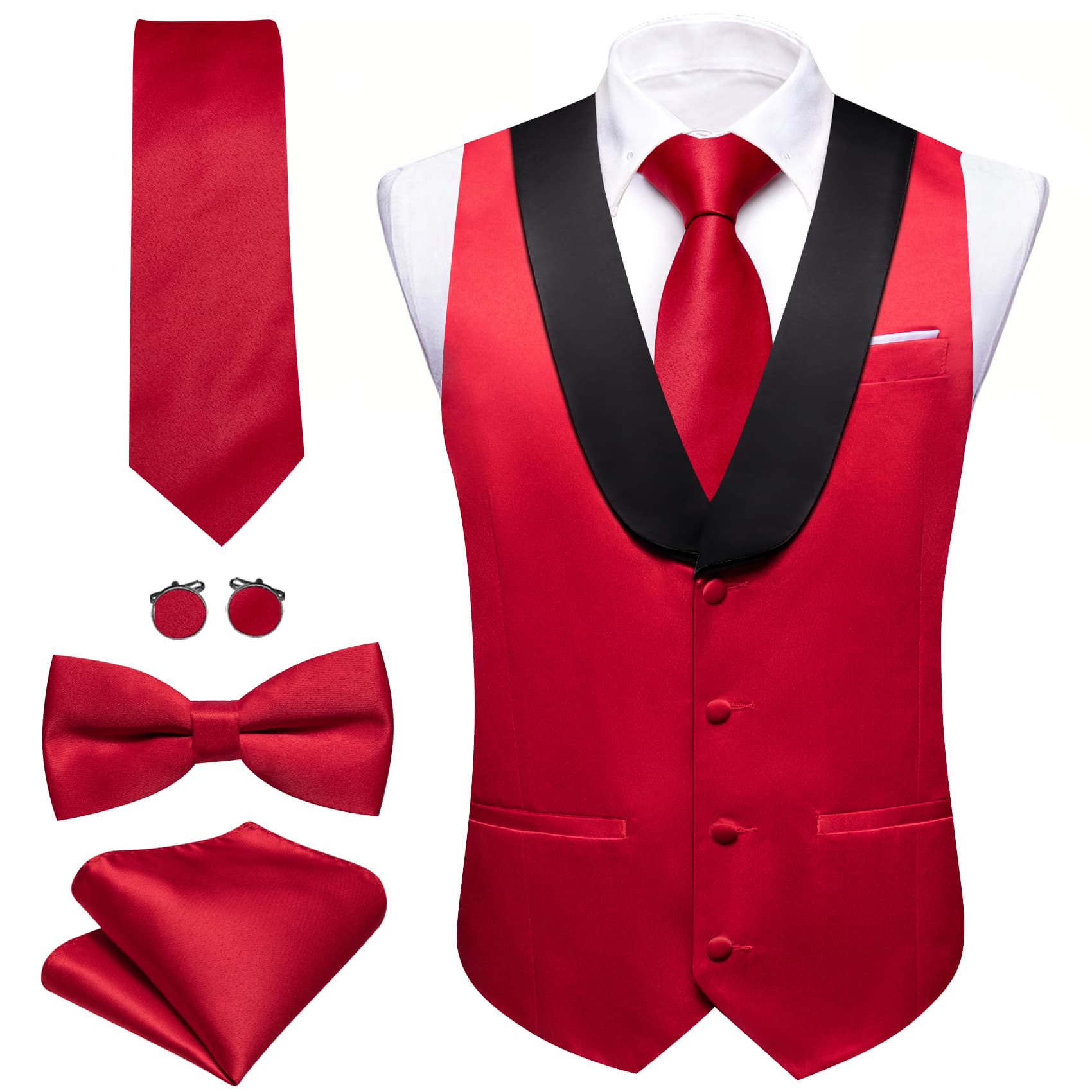 Barry Wang Crimson Red Black Shawl Lapel Waistcoat Mens Vest Tie Set