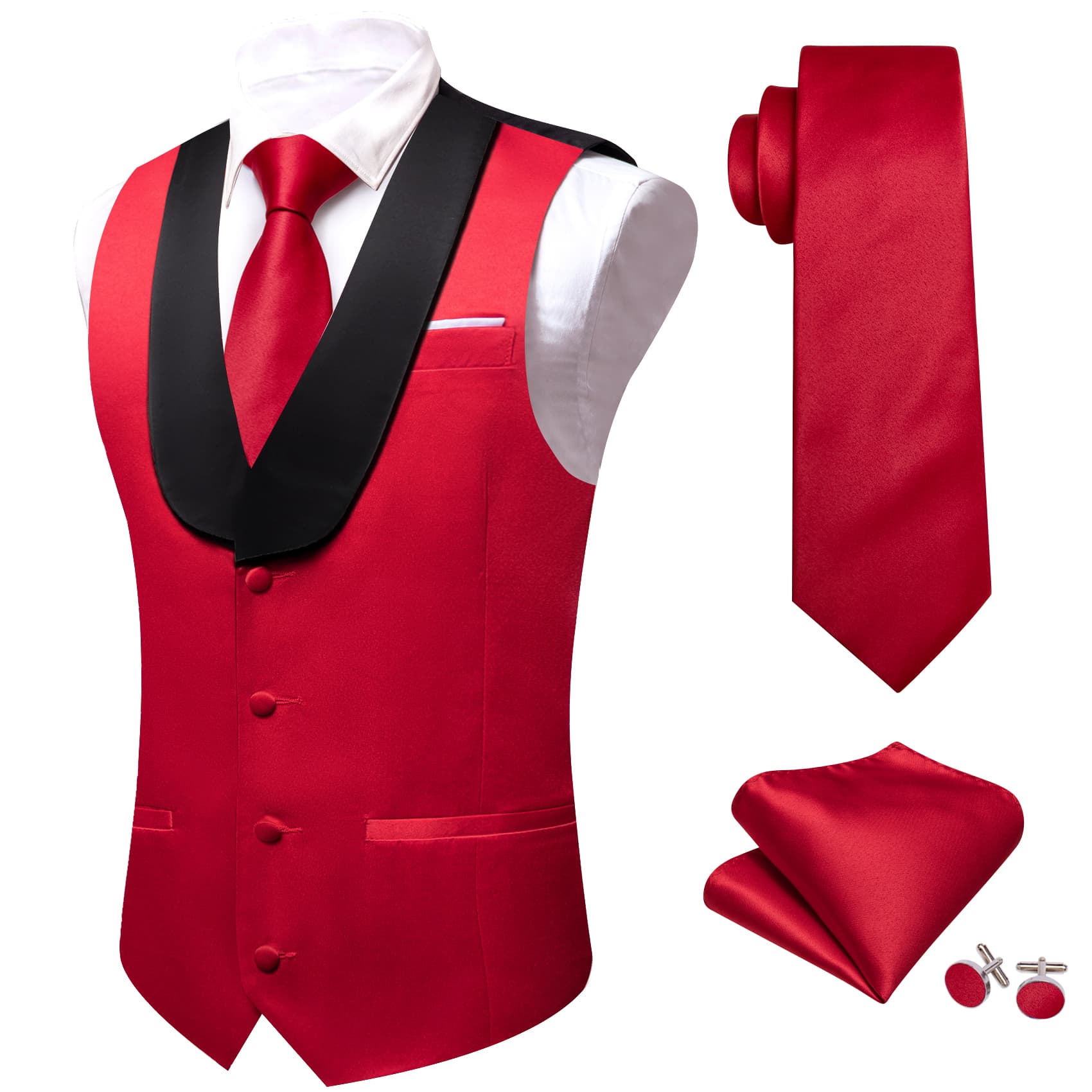 Barry Wang Crimson Red Black Shawl Lapel Waistcoat Mens Vest Tie Set