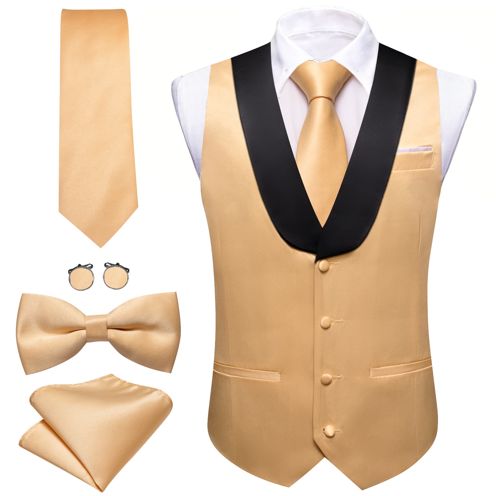 Barry Wang Earth yellow Black Shawl lapel Waistcoat Mens Vest Tie Set