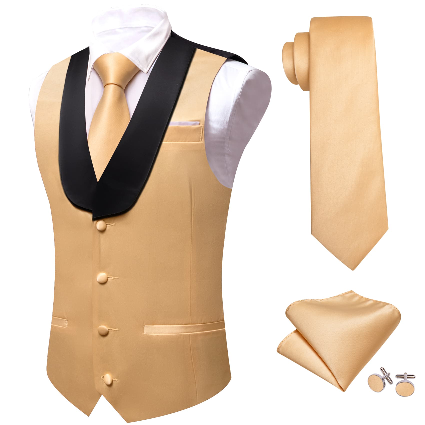 Barry Wang Earth yellow Black Shawl lapel Waistcoat Mens Vest Tie Set