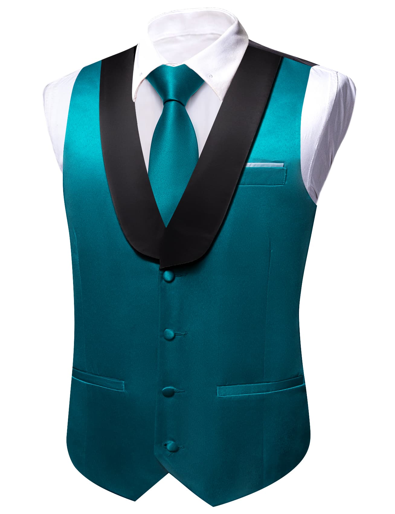 Barry Wang Teal Blue Black Shawl lapel Waistcoat Mens Vest Tie Set