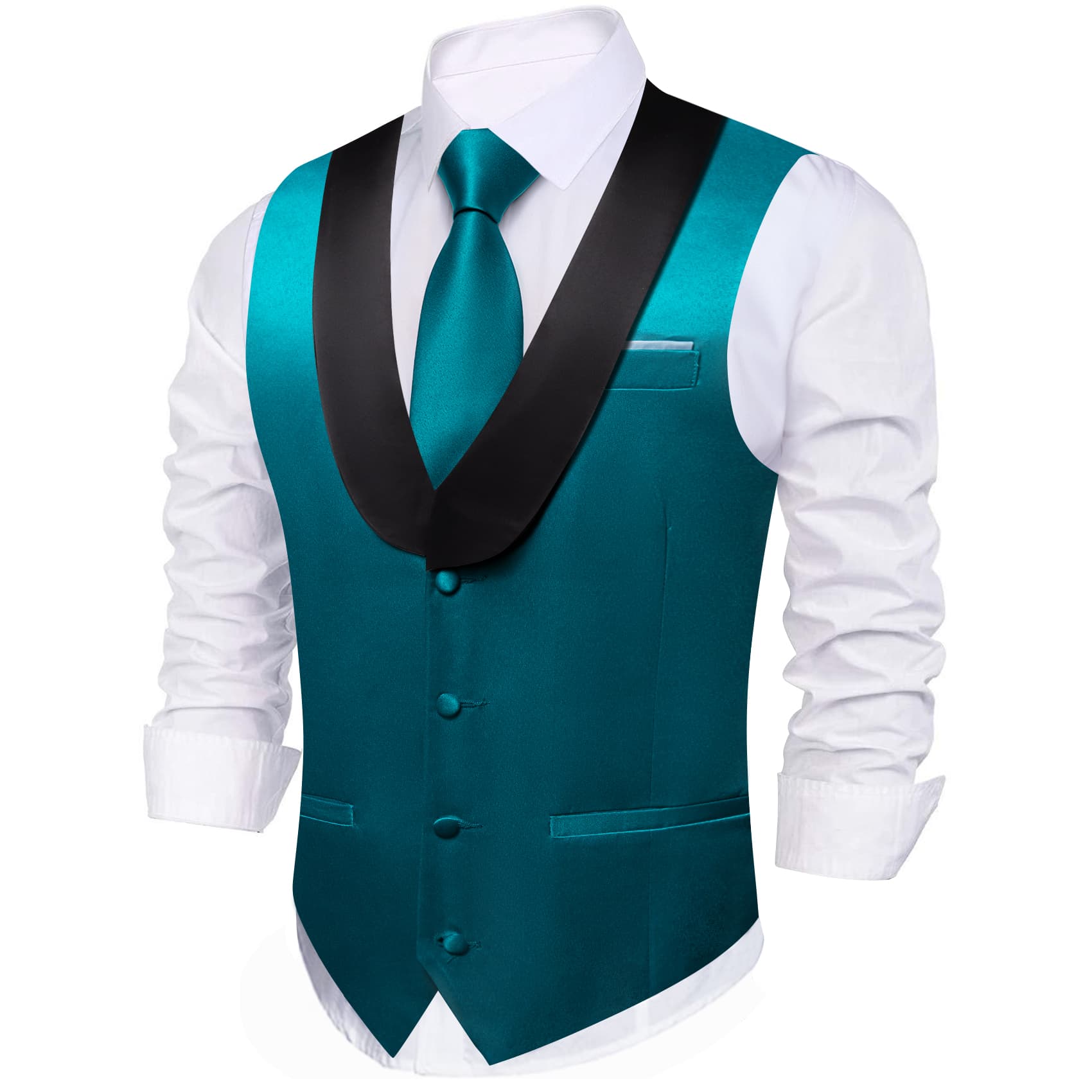 Barry Wang Teal Blue Black Shawl lapel Waistcoat Mens Vest Tie Set