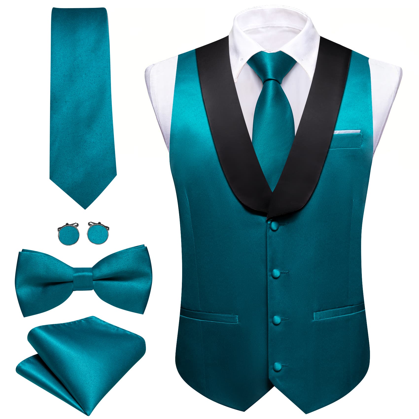 Barry Wang Teal Blue Black Shawl lapel Waistcoat Mens Vest Tie Set