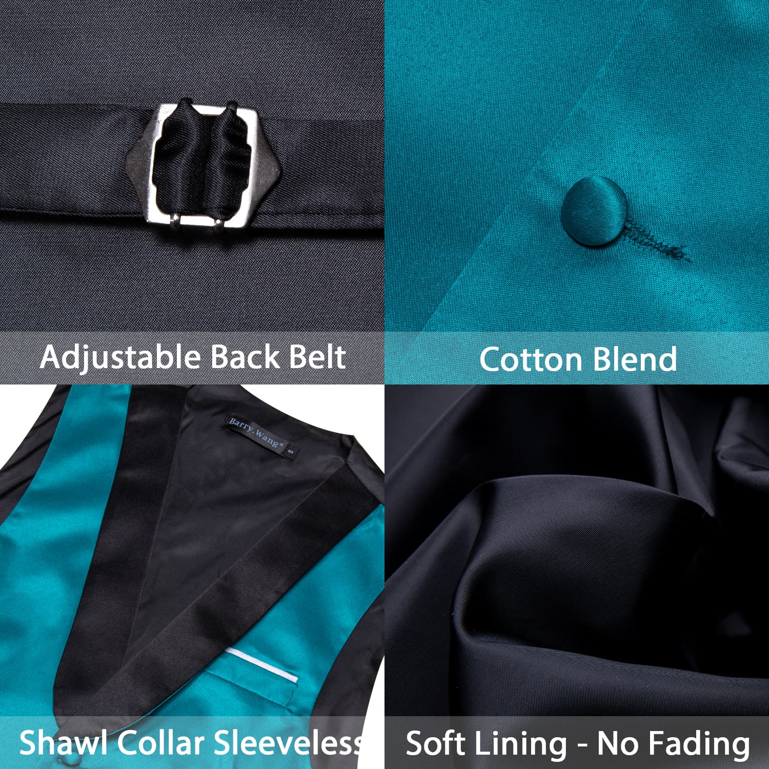 Barry Wang Teal Blue Black Shawl lapel Waistcoat Mens Vest Tie Set