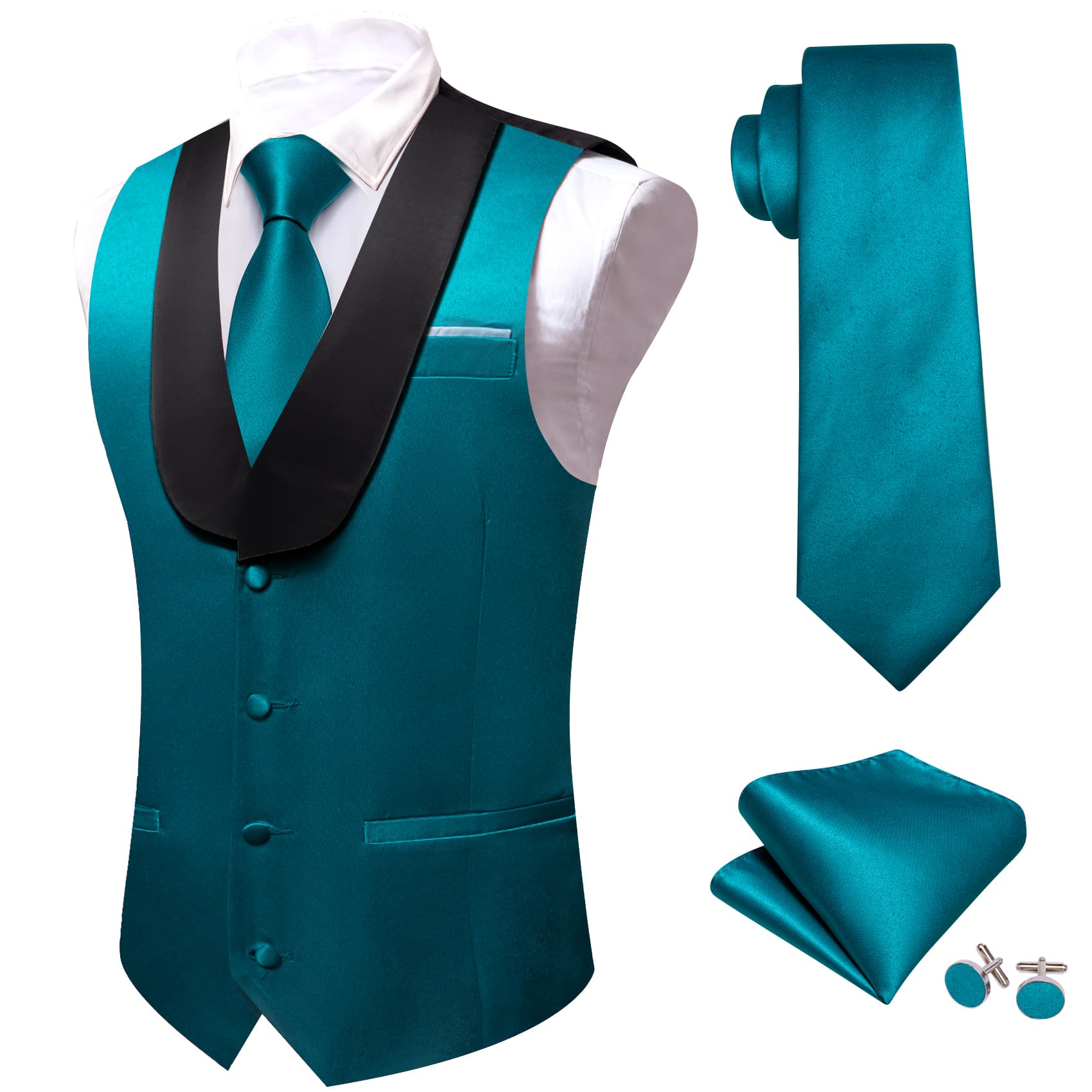 Barry Wang Teal Blue Black Shawl lapel Waistcoat Mens Vest Tie Set