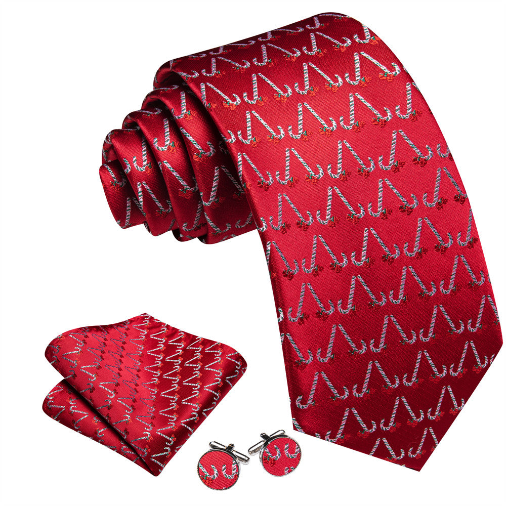 Barry Wang Christmas Red Candy Cane Necktie Hanky Cufflinks Set