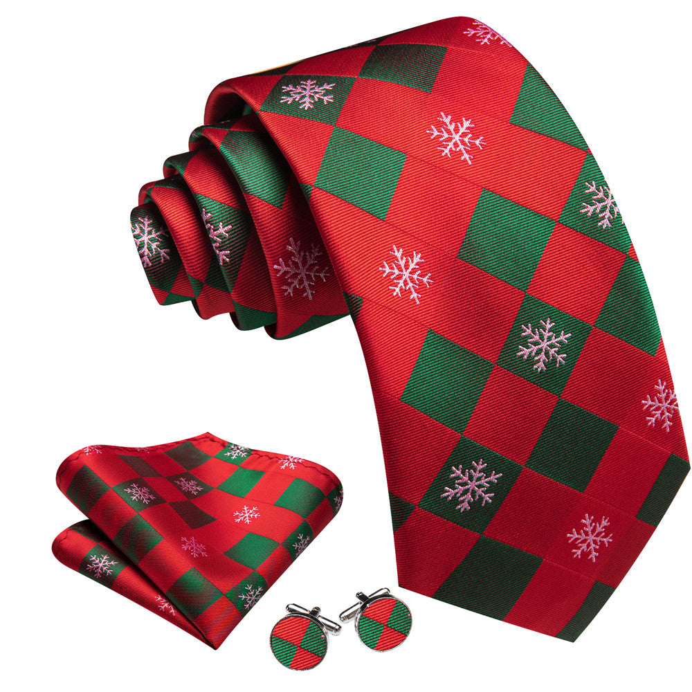 Barry Wang Christmas Ties Red Green Plaid Snow Necktie Set