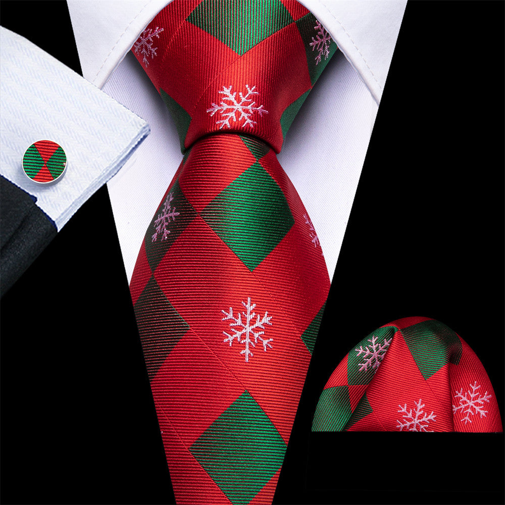 Barry Wang Christmas Ties Red Green Plaid Snow Necktie Set