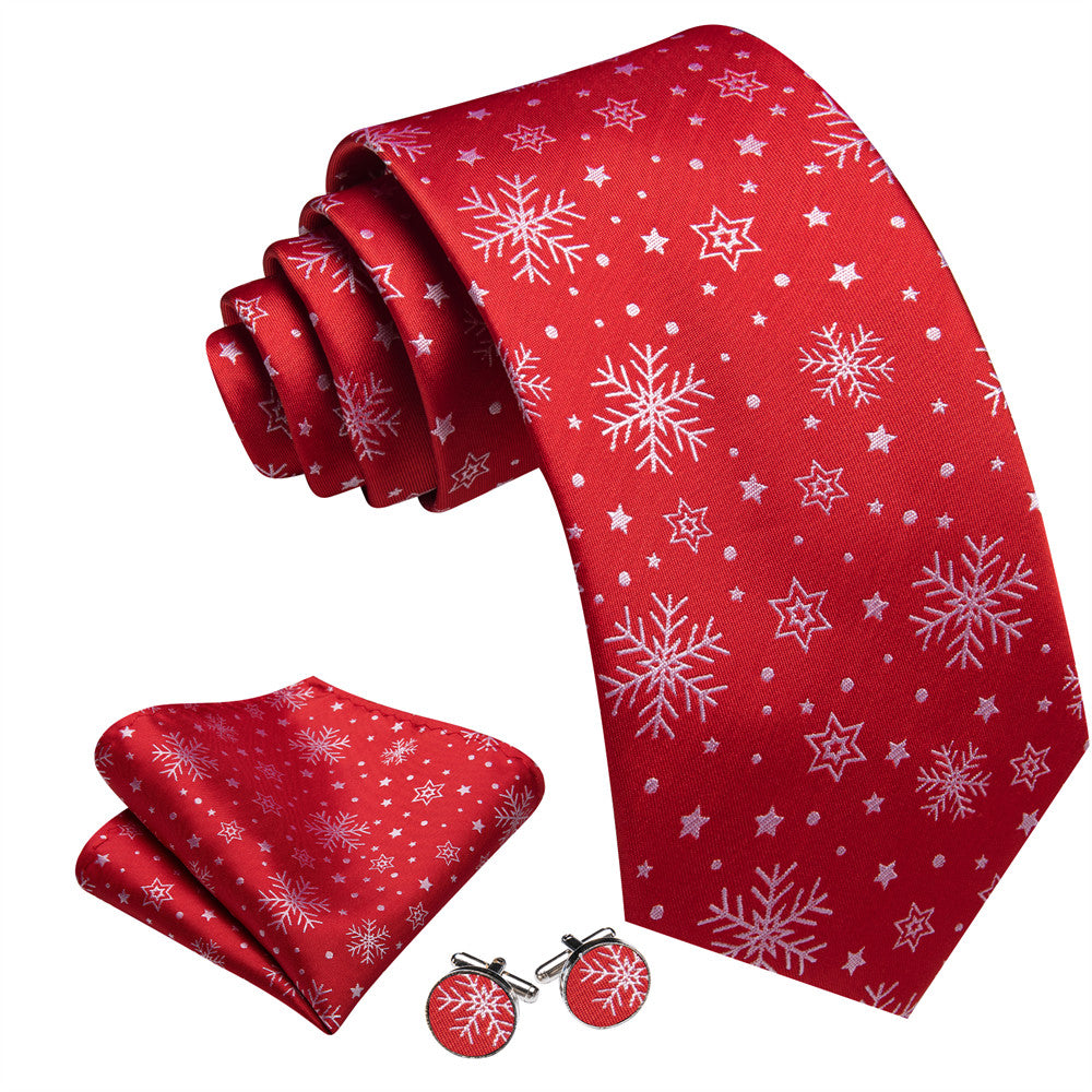 Barry Wang Silk Red White Snow Christmas Necktie Set for Men